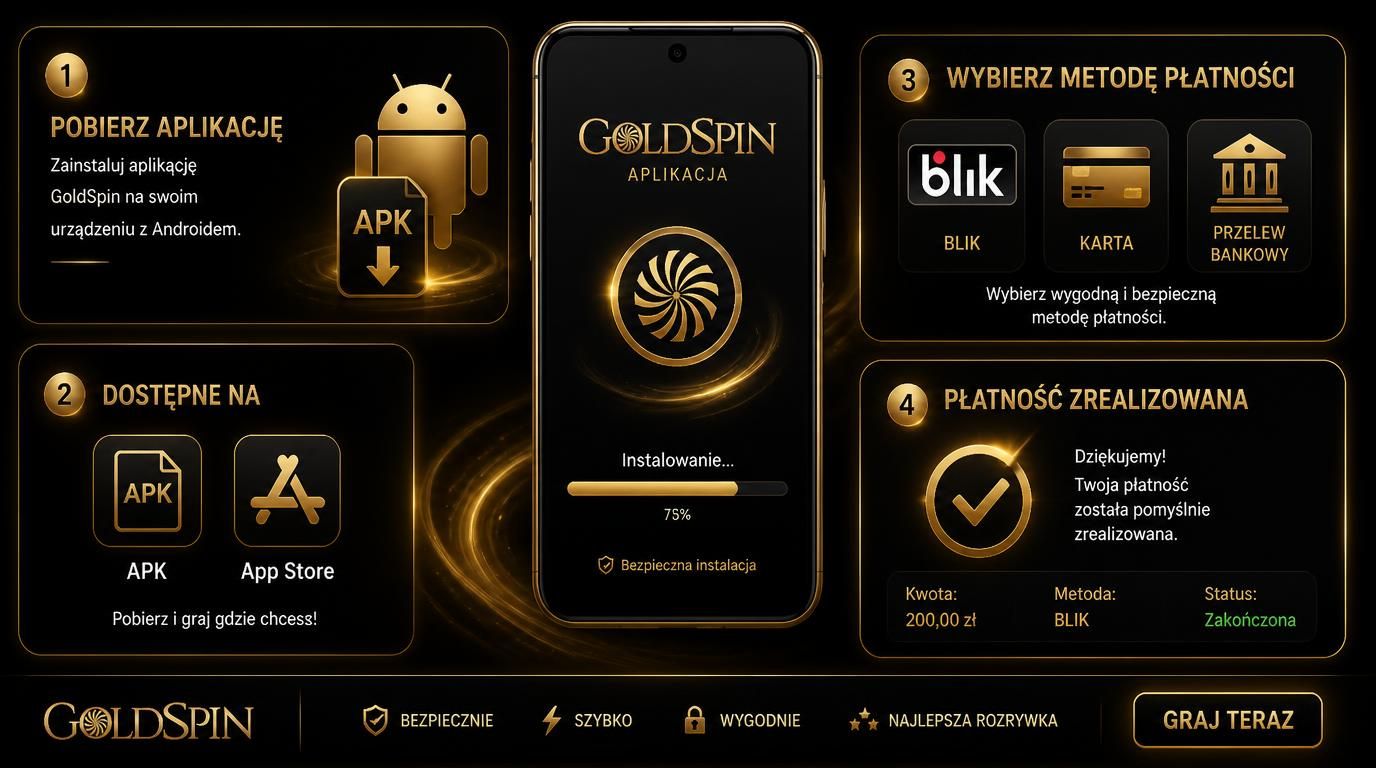 Ilustracja przedstawiająca proces instalacji aplikacji Goldspin oraz wykorzystanie popularnych sposobów płatności w Polsce