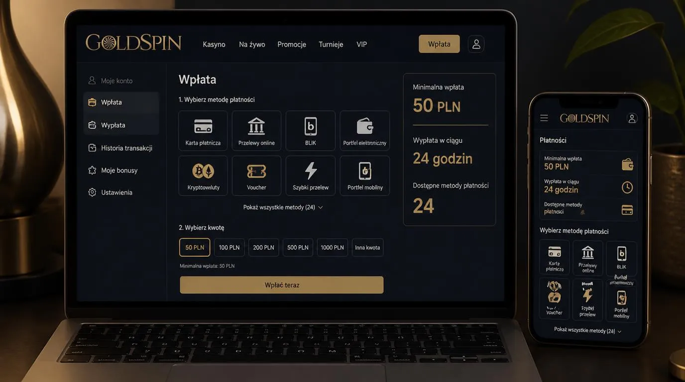 Ekran płatności kasyna z wpłatą 50 PLN, wypłatą w 24 godziny i wyborem metod płatności