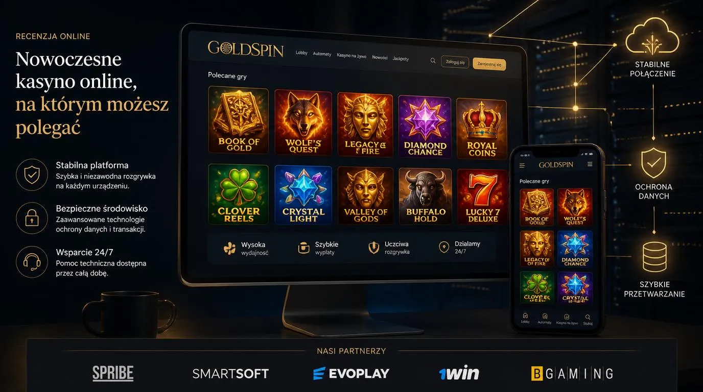 Ekran platformy kasynowej z katalogiem gier i oznaczeniami studiów Spribe, SmartSoft, Evoplay, 1win oraz BGaming